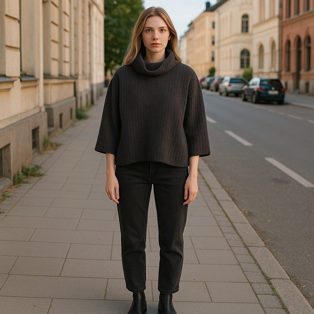 St. John Wool Cropped Sweater Top Black Women's P Long Sleeve Cowl Neck USA